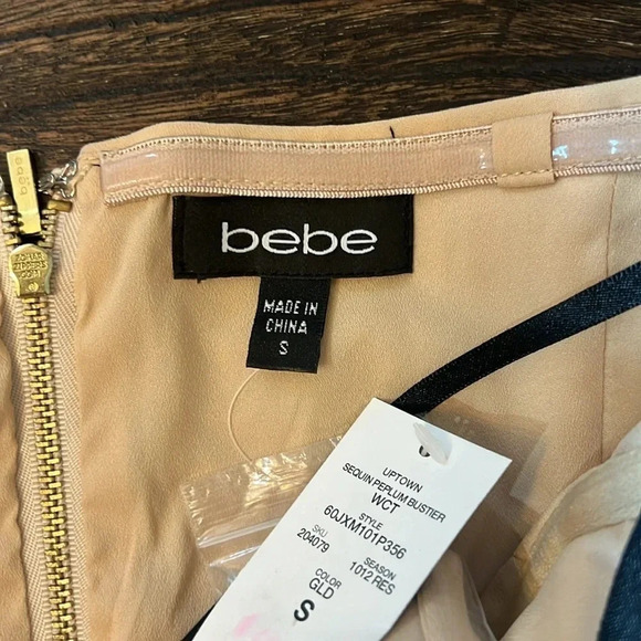 Bebe Uptown Sequin Peplum Bustier Top Gold Size Small NWT - Picture 4 of 6
